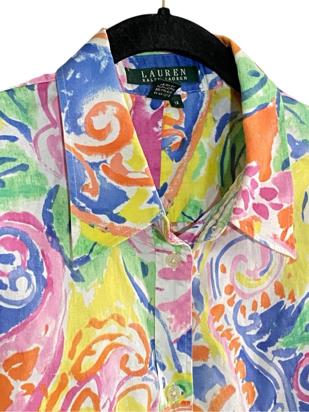 Lauren Ralph Lauren Floral Paisley Shirt 1X Colorful Cotton Button Up Artsy - Picture 2 of 6